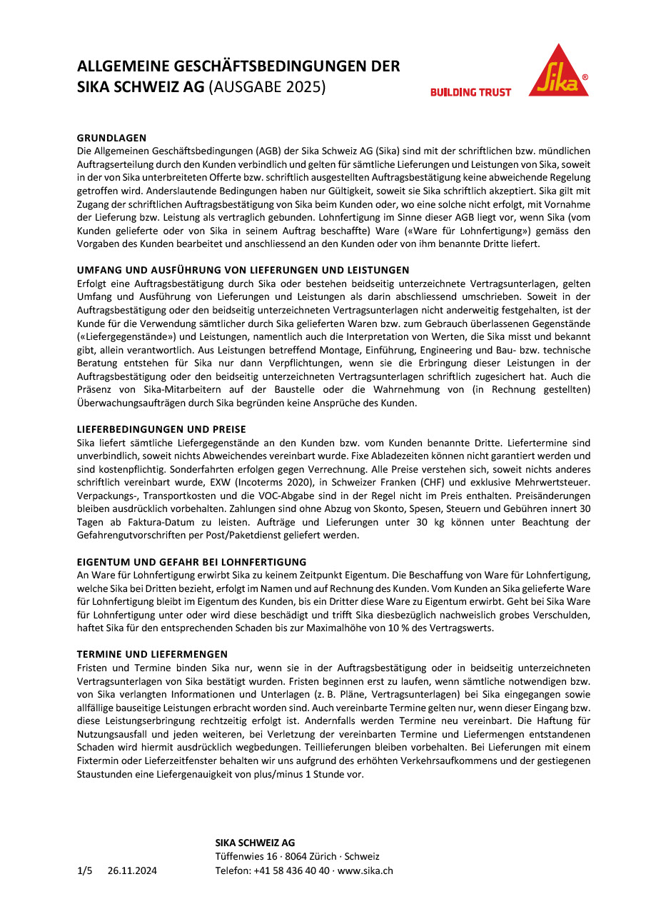 Allgemeine Geschäftsbedingungen Sika Schweiz AG (AGB)