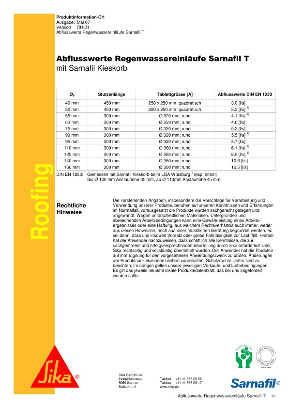 Abflusswerte Regenwassereinläufe T