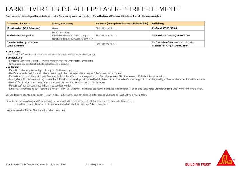 Parkettverklebung auf Gipsfaser-Estrich-Elemente
