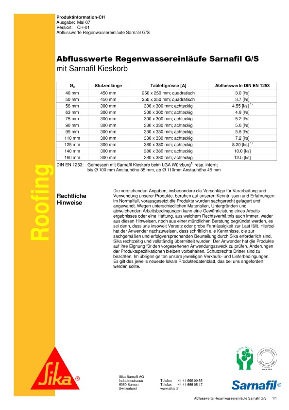 Abflusswerte Regenwassereinläufe G/S