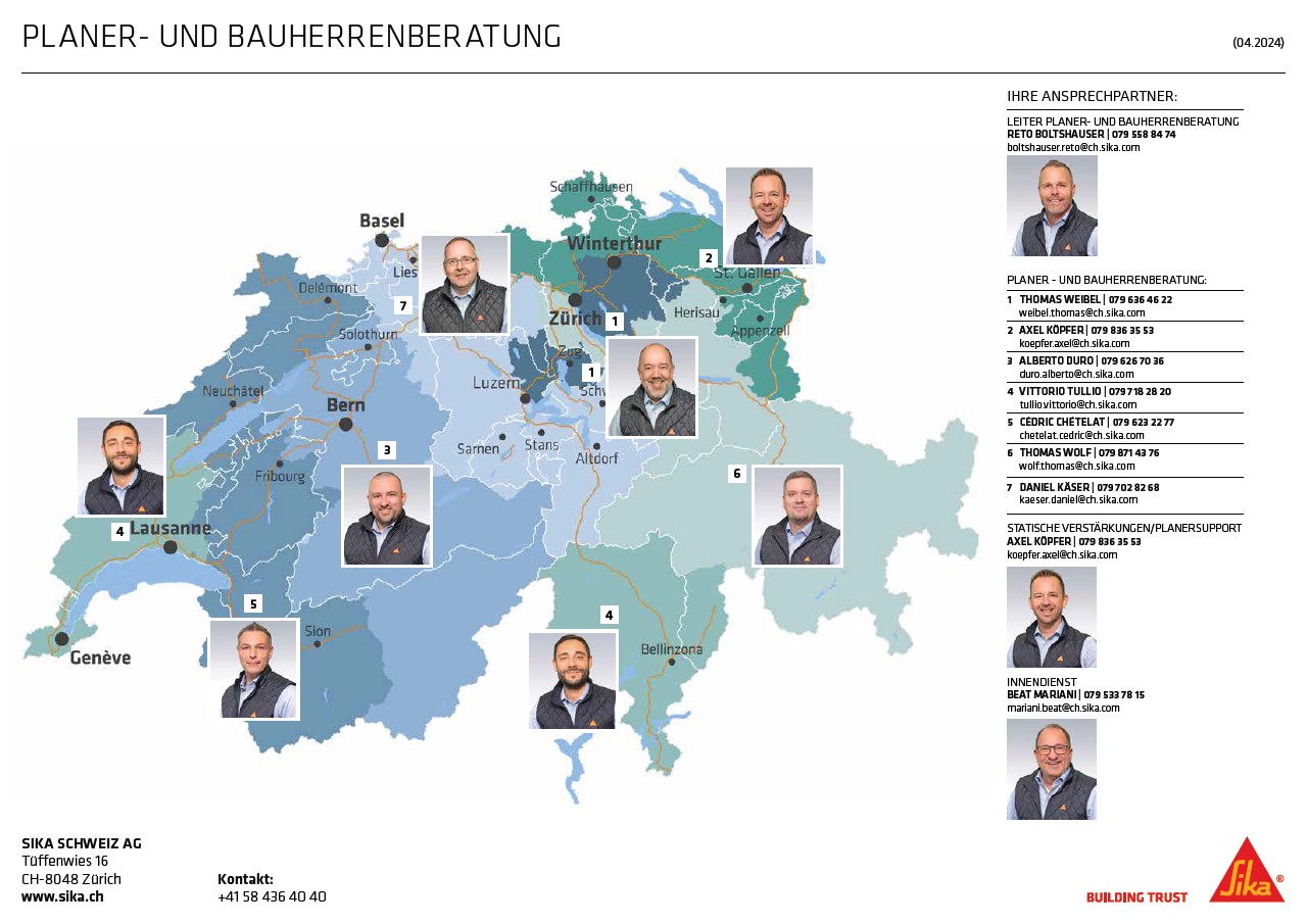 Gebietskarte Planer- und Bauherrenberatung Sika Schweiz AG