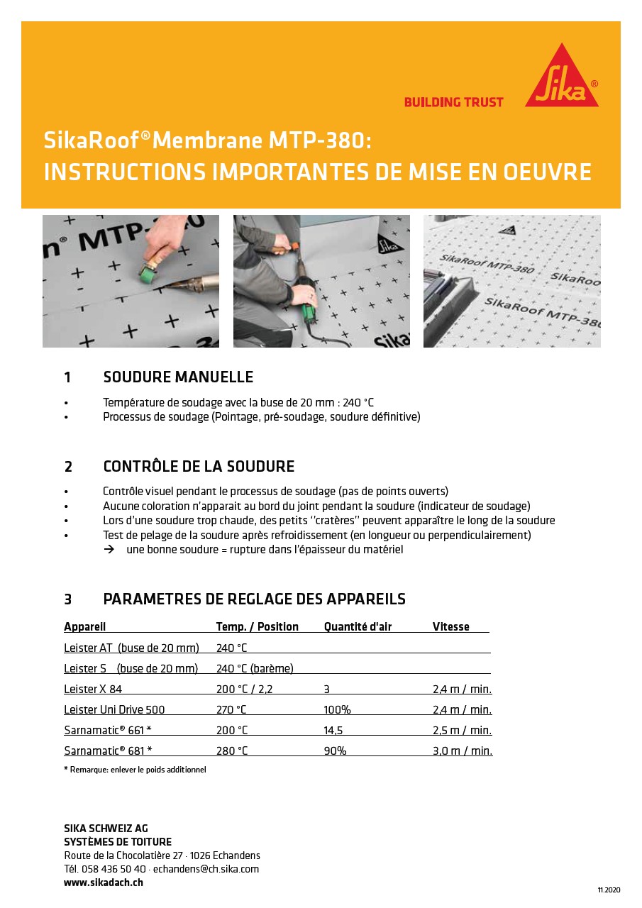 Instructions de mise en oeuvre SikaRoof MTP