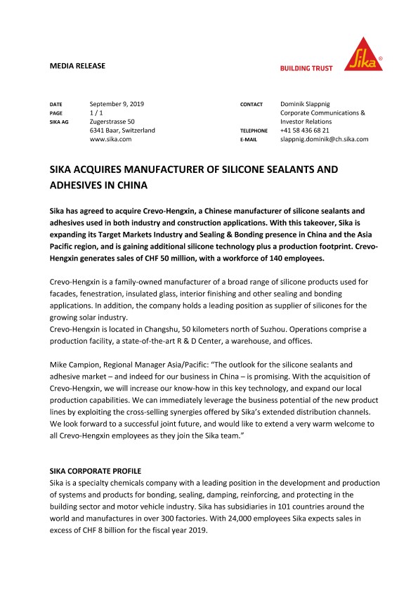 Sika Acquires Manufacturer of Silicone Sealants and Adhesives in China - September 2019